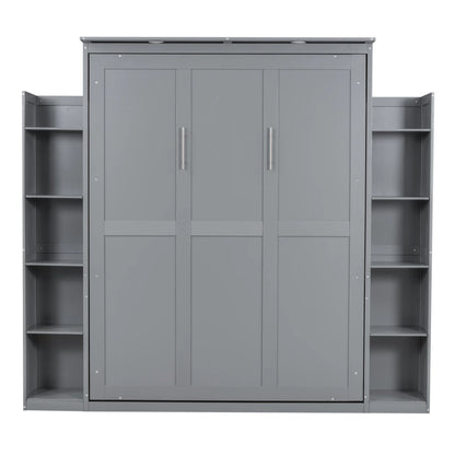 Aukfa Queen Size Murphy Bed with 5-Tier Storage Shelf & LED Lights, Foldable Wall Bed Cabinet with Mattress Support, Space-Saving Design for Guest Room/Home Office, Gray