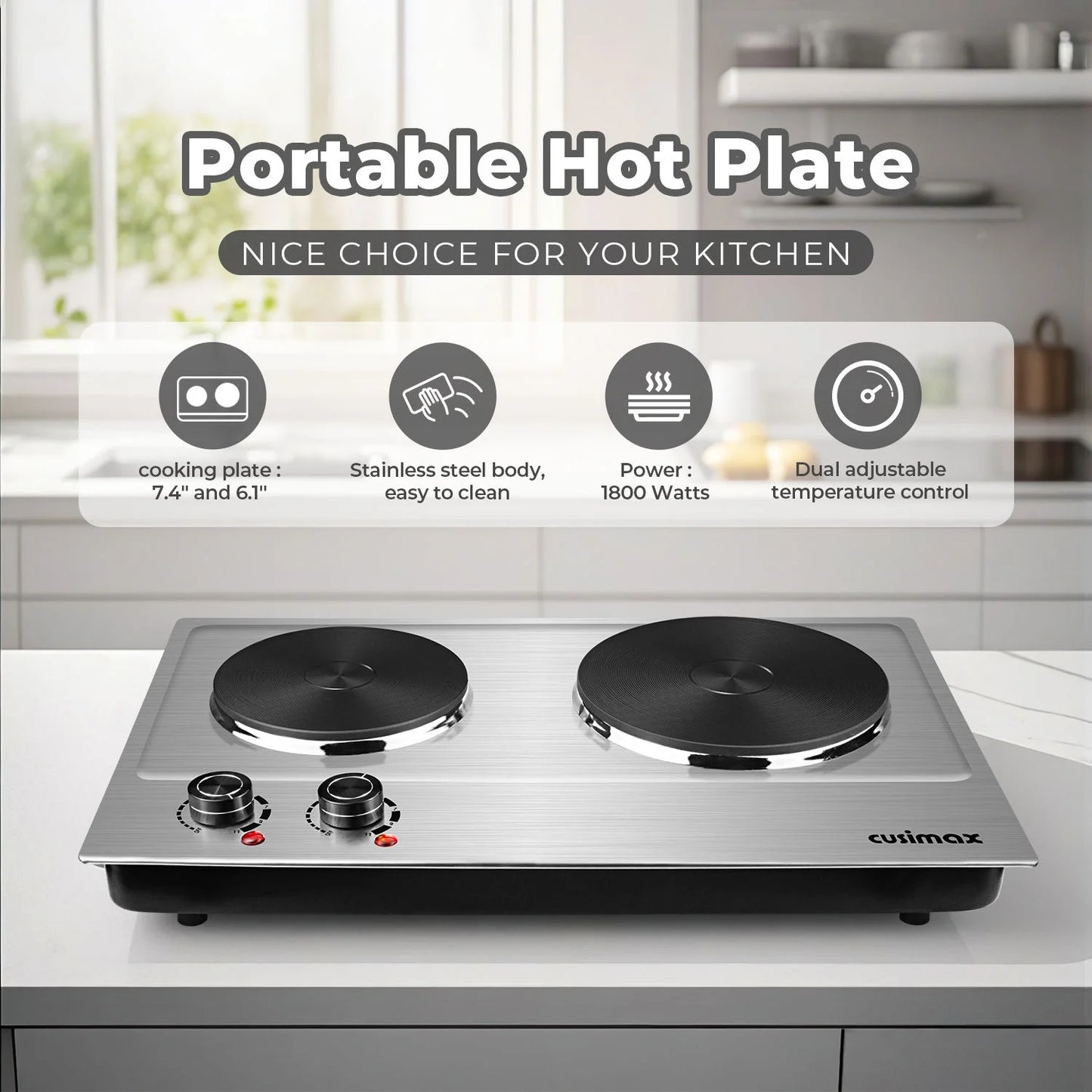 CUSIMAX 1800W Portable Double Burner Hot Plate �?Stainless Steel Countertop Electric Cooktop with Dual Cast Iron Heating Plates, Easy-to-Clean Silver Design, Upgraded Version