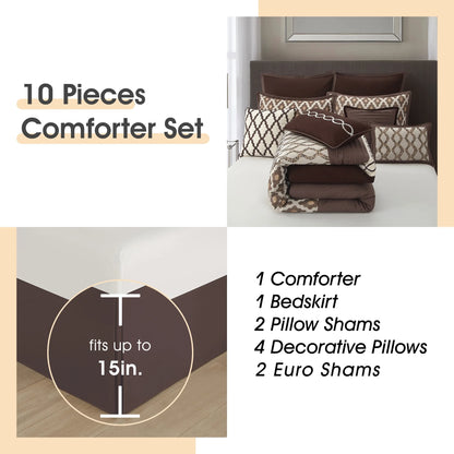 LANCO MODERN LIFESTYLE King Size Comforter Set, Burgundy, 10 Piece Bed in a Bag for All Seasons, Luxury Extreme Comfort Bedding Sets with Bedskirt, Pillow Shams, Euro Shams and Decor Pillows