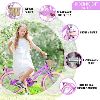 20" Kids Bike Girls Bike with Basket Single Speed Steel Frame Children Bicycle for 7-10 Years, Pink