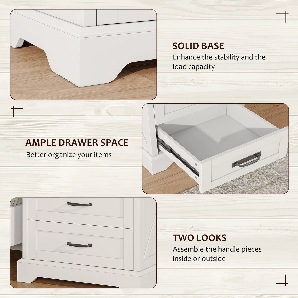 Farmhouse Nightstand Set of 2, 22 inch Side Table with Charging Station for Bedroom, 2PCS, White