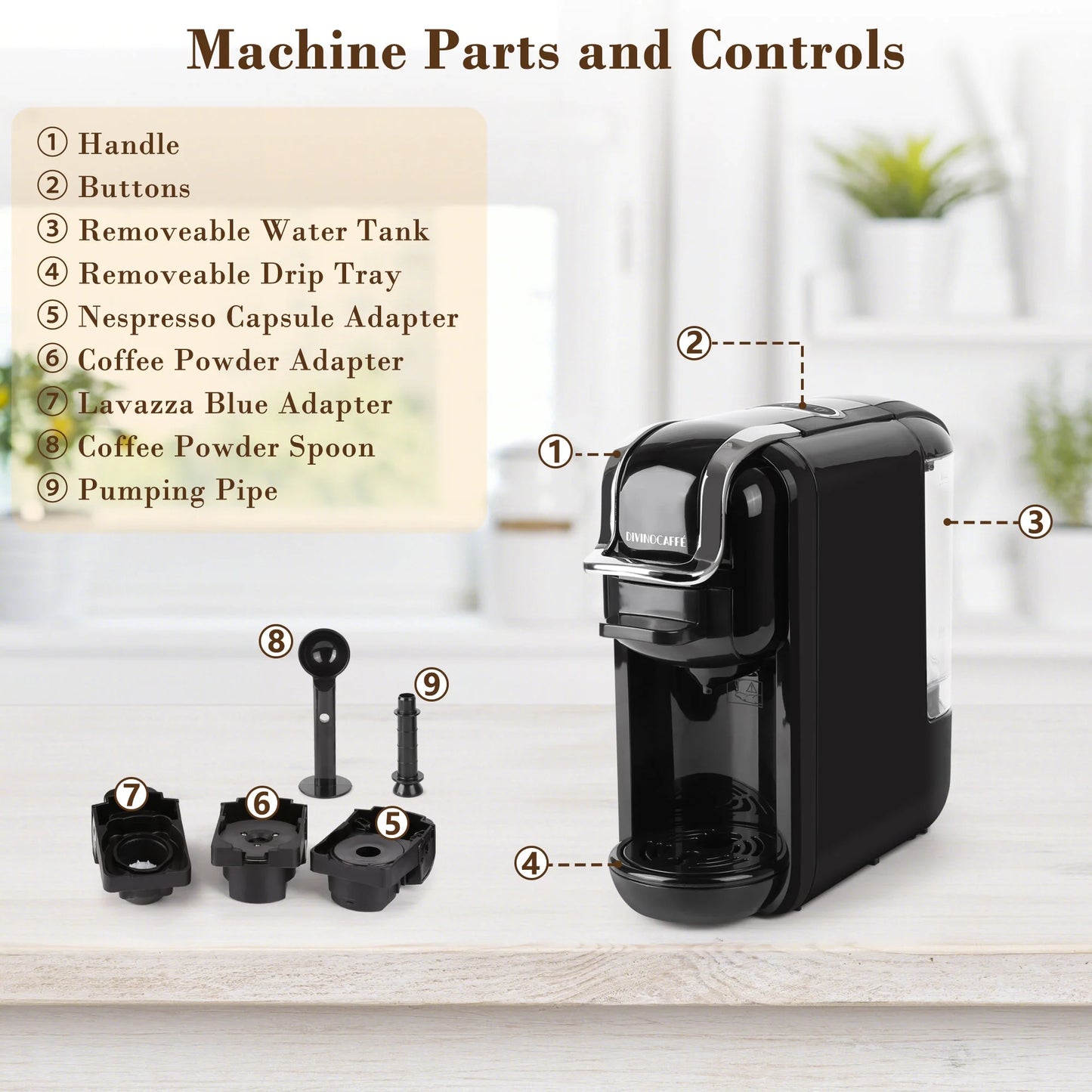 Espresso Maker for Nespresso Capsule, Lavazza Blue Capsule & Coffee Powder, 19 Bar Pump Pressure Makes Authentic Espresso Coffee, Mini Espresso Coffee Machines with Removable Water Tank.