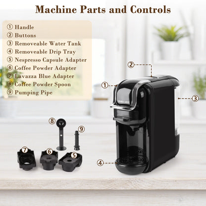Espresso Maker for Nespresso Capsule, Lavazza Blue Capsule & Coffee Powder, 19 Bar Pump Pressure Makes Authentic Espresso Coffee, Mini Espresso Coffee Machines with Removable Water Tank.