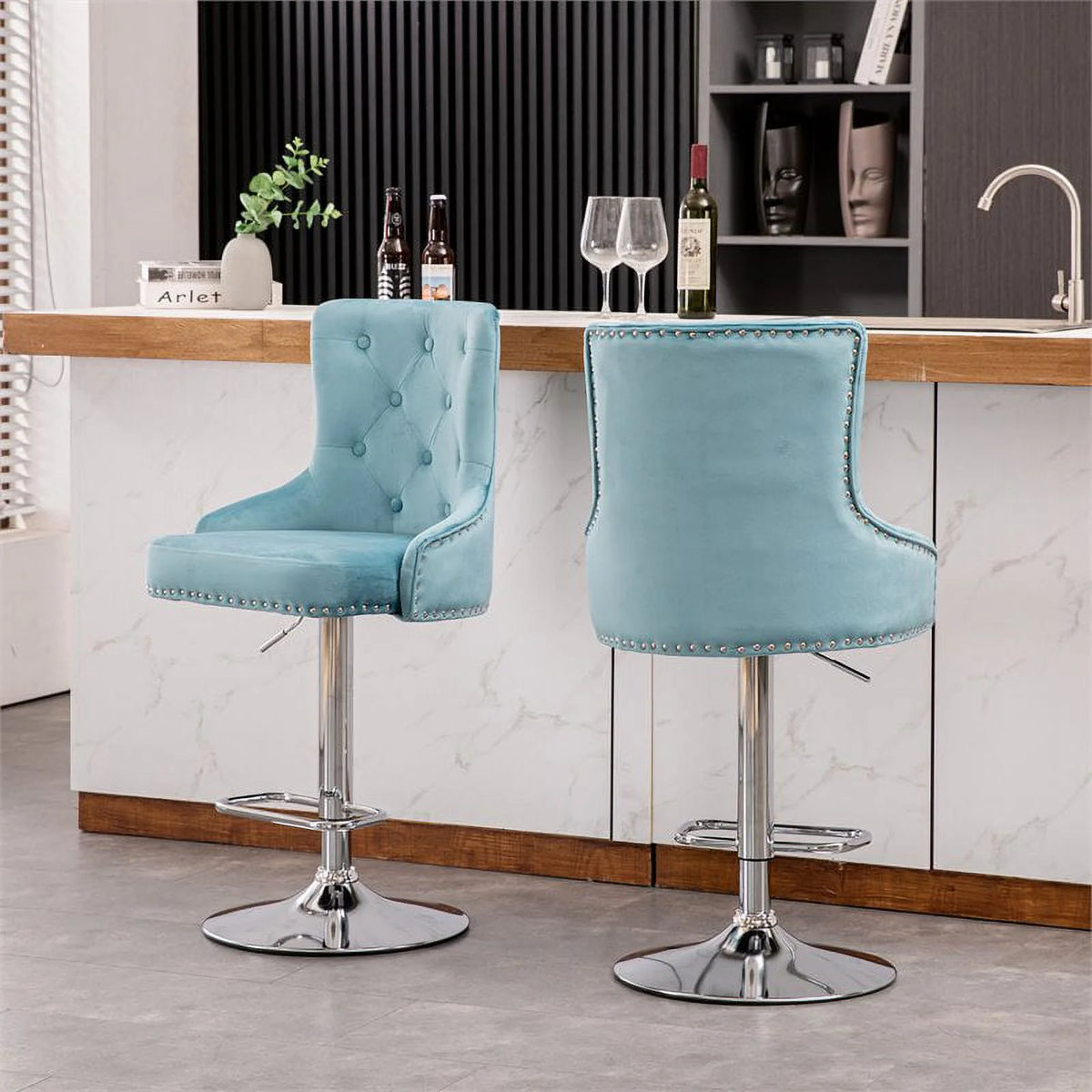 Alexent  2PCS Swivel Bar Stools, High Back, Button Tufted, Silver Footrest and Nailhead Trim Swivel Bar Chairs for Kitchen, Bar Velvet Upholstered Bar Stools, Dark Blue
