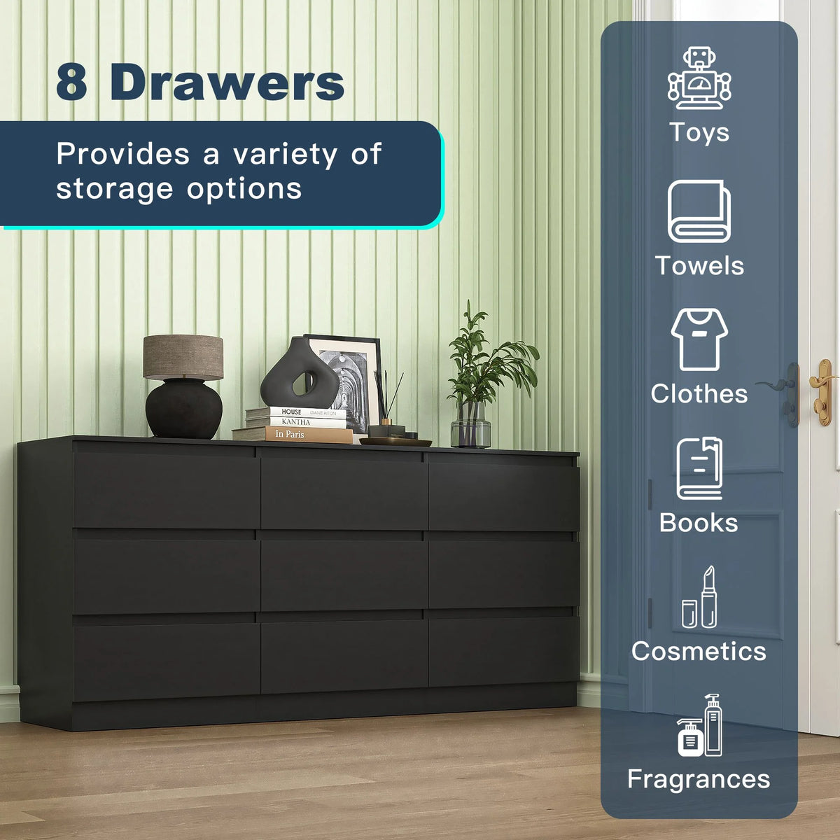 Resenkos Modern Mid Century 6 Drawer Wide Dressers Chests for Bedroom, Chest of Drawer Organizer Grey