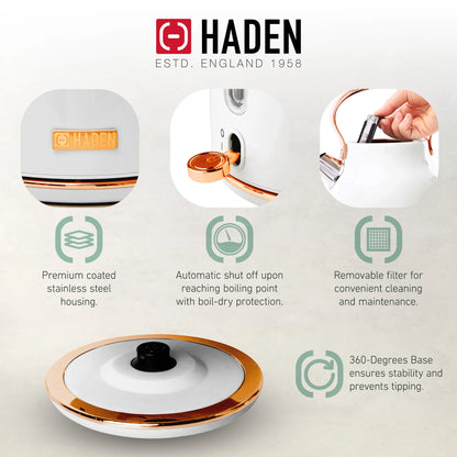 Haden Heritage 1500 1.7 Electric Kettle, Matte Black Finish with Copper Accents