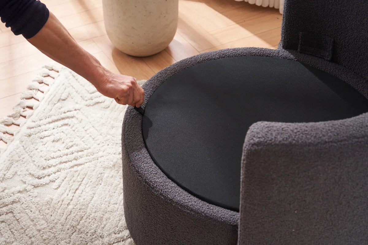 Swivel Barrel Chair, Teddy Round Swivel Accent Sofa Chairs with 3 Pillows and Storage, Modern 360 Degree Boucle Swivel Chairs for Living Room, Bedroom, Office (Dark Gray, Teddy)
