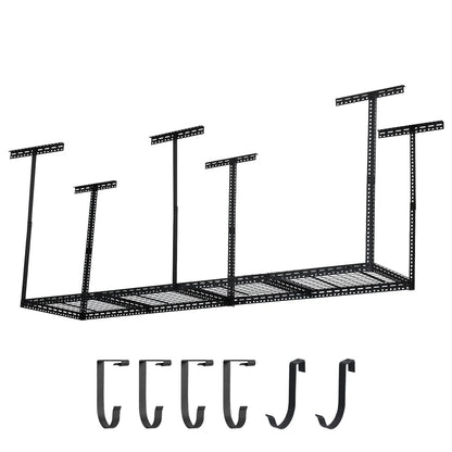 Overhead Garage Storage Rack - Heavy Duty 300kg Capacity, Adjustable 56-100cm Height, 180x120cm Black Steel Shelving with Hooks for Garage Organization
