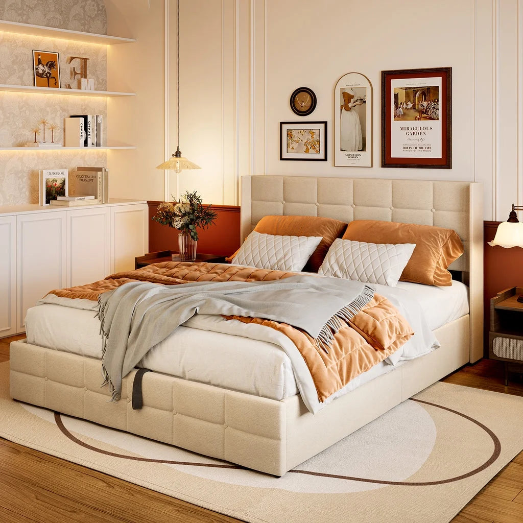 Aiho Full Lift Up Storage Bed, Full Size Bed Frame with Big Underneath Storage & Modern Wingback Headboard & No Box Spring Needed - Gray