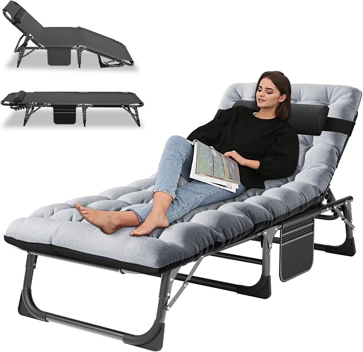 Slsy Folding Lounge Chair, 5-Position Adjustable Outdoor Reclining Chair, Folding Sleeping Bed Cot, Folding Chaise Lounge Chair for Pool Beach Patio Sunbathing