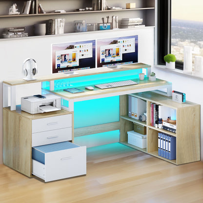 Dextrus 65" L Shaped Desk with Power Outlets and Monitor Stand , Computer Desk with LED Light &File Cabinet, Corner Desk with 3 Drawers & 4 Open Storage Shelves, Modern Home Office Desk, White