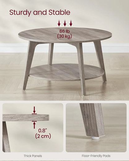 VASAGLE Round Coffee Table, 2 Tier Coffee Table with Storage, for Living Room, 31.5 x 17.7 Inches, Easy to Assemble, Honey Brown
