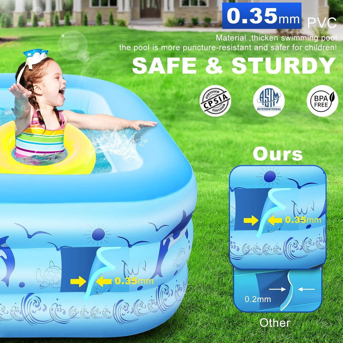 2025 Upgrade Inflatable Pool with Lights,  Powered Family Swimming Pool for Kids & Adults,  Thickened Backyard Pool - Blue
