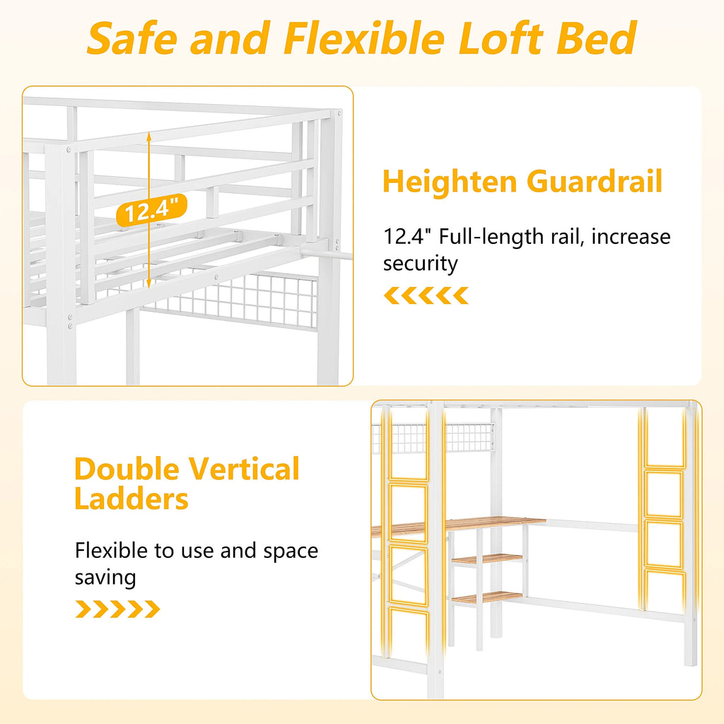 Twin Loft Bed with Desk, UHOMEPRO Metal Loft Bed with LED Lights, Charge Station, DIY Mesh, Clothes Rail, 4 Storage Shelves, Safety Rails and 2 Ladders, Loft Bed for Teen Adult, Black