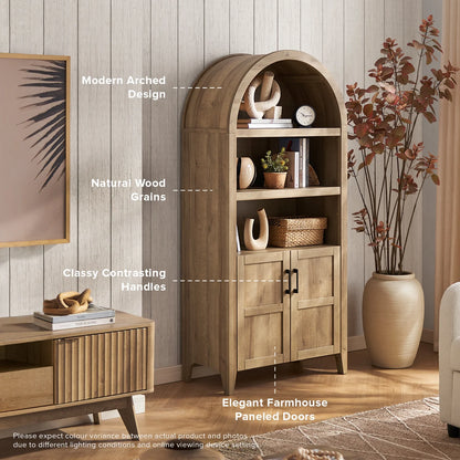 mopio Lauren 65.4" Arched Cabinet, 5-Tier Arched Bookcase with Doors and Shelves, Arched Bookshelf with Storage, Kitchen Pantry Cabinet, Wooden Storage Cabinet for Living Room, Kitchen (Oak)