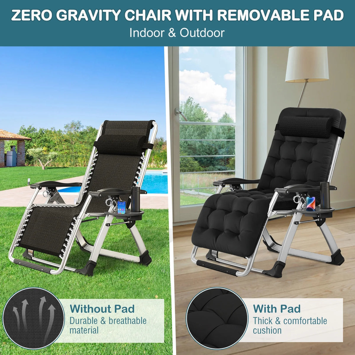 NAIZEA Zero Gravity Chair with Removable Cushion and Cup Holder Black
