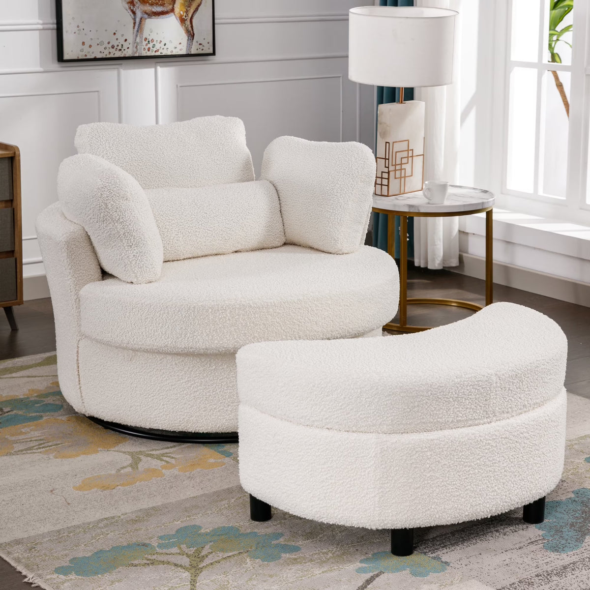 Muumblus Teddy Swivel Accent Barrel Chair, Modern Oversize Sherpa Comfy Round Reading Armchair for Living Room, Ivory