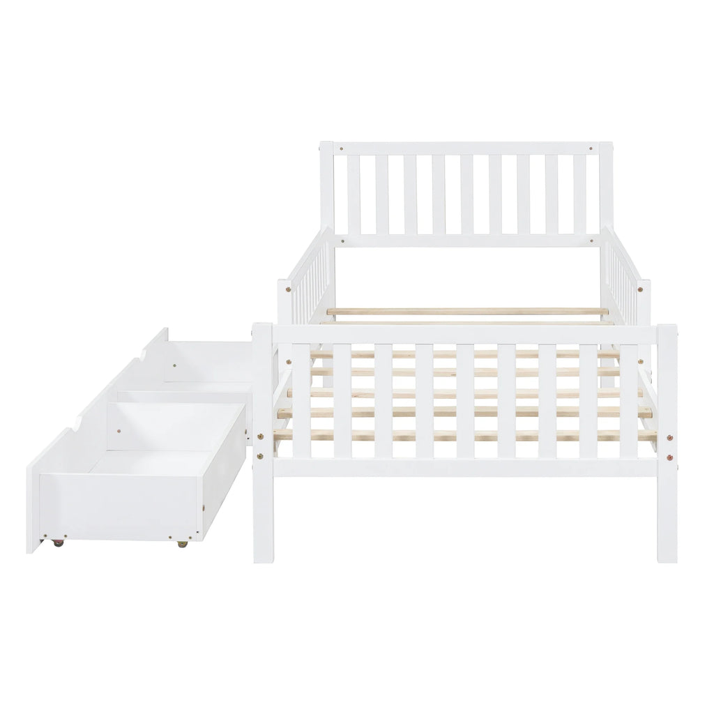 Bellemave Twin Bed with Storage Drawers and Fence Rails, Wood Platform Beds Frame with Headboard, Twin Size Storage Bed for Kids Boys Girls Teens��White)