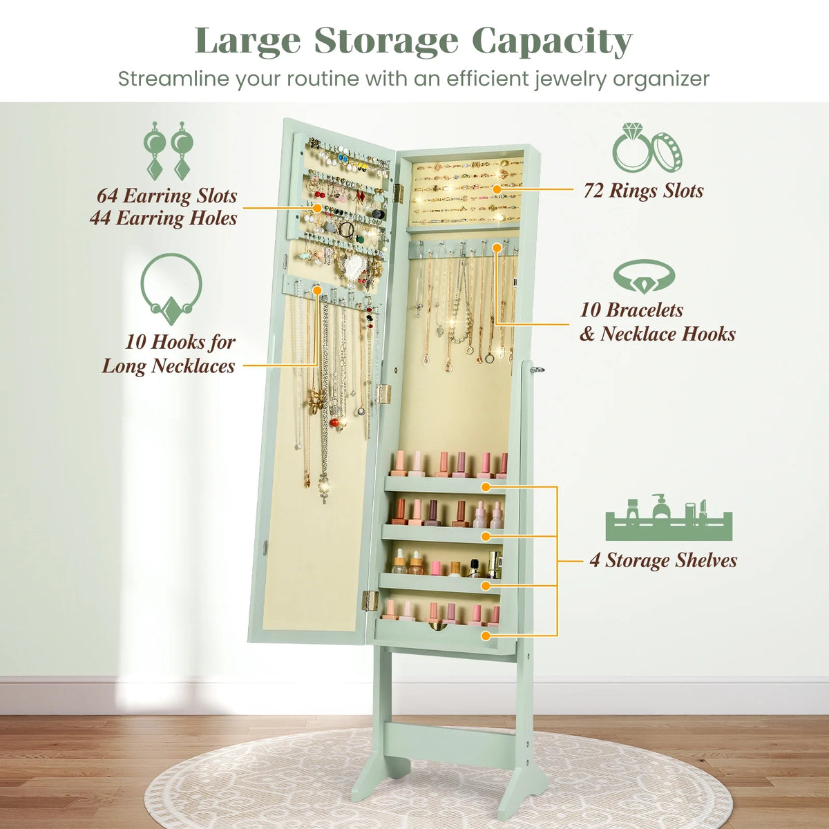 Costway Jewelry Mirrored Cabinet Armoire Organizer Storage Box w/ Stand Christmas Gift