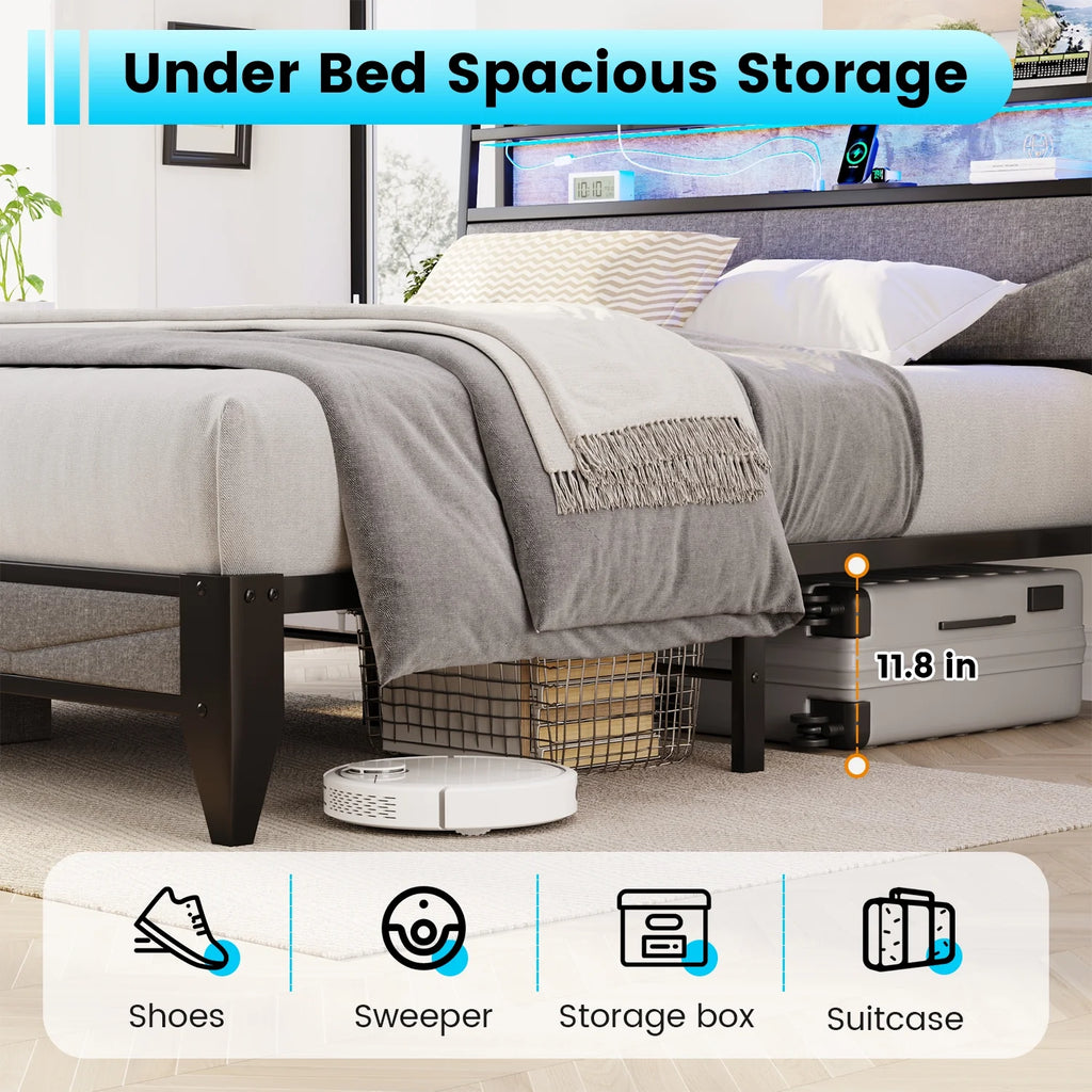 Meteorleg Twin Size Bed Frame with Storage Headboard & Charging Station,Platform Metal Bed Frame with RGB Lights,Grey