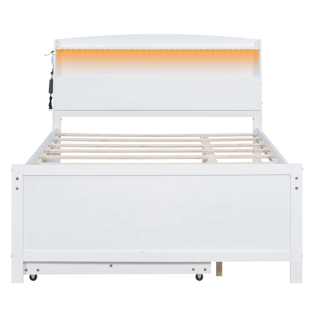 Euroco Wood Twin Size Platform Bed with Storage Headboard, Drawers Trundle and LED Light, White