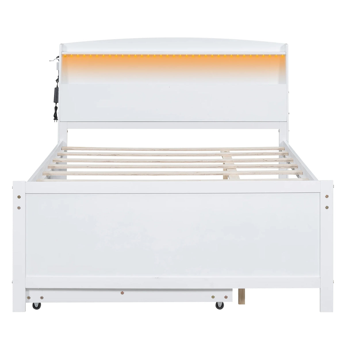 Euroco Wood Twin Size Platform Bed with Storage Headboard, Drawers Trundle and LED Light, White