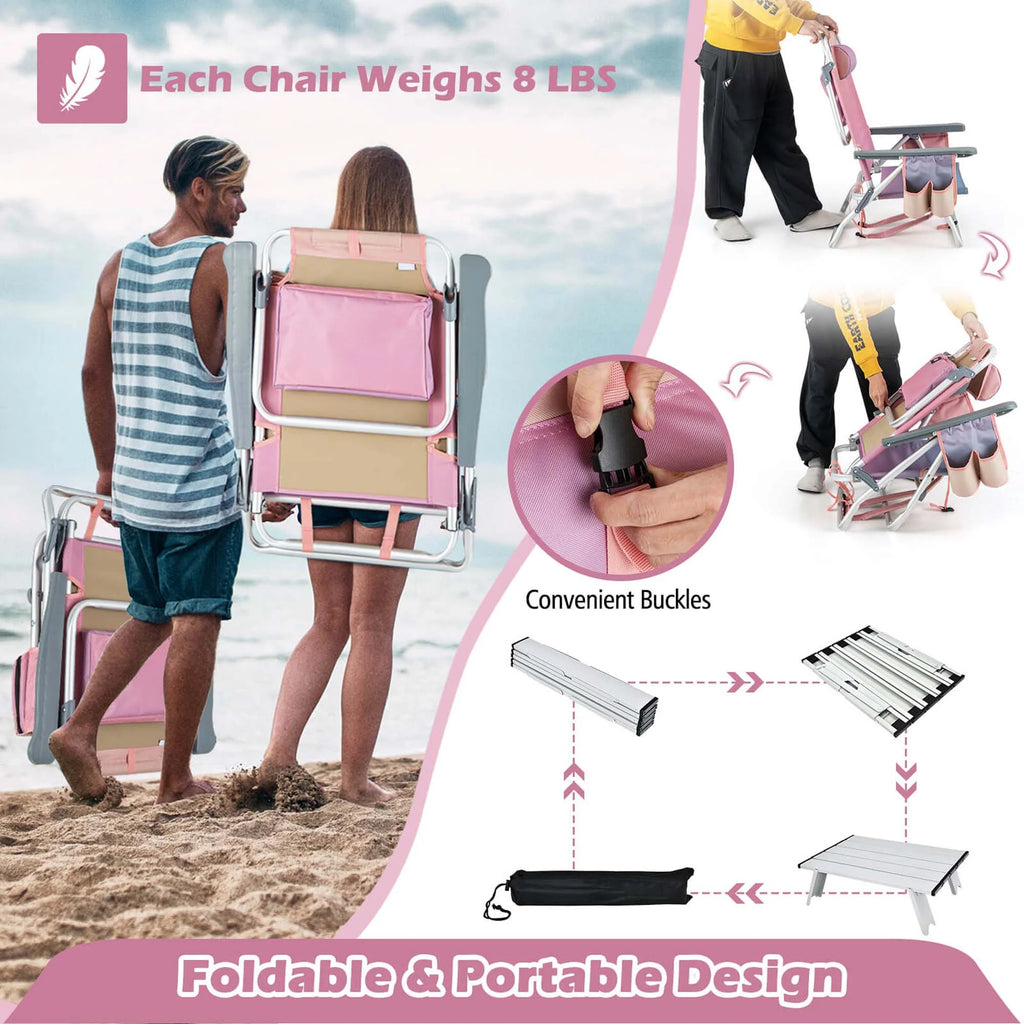 Costway 2-Pack Folding Backpack Beach Chair Table Set 5-Position Outdoor Reclining Chair Pink