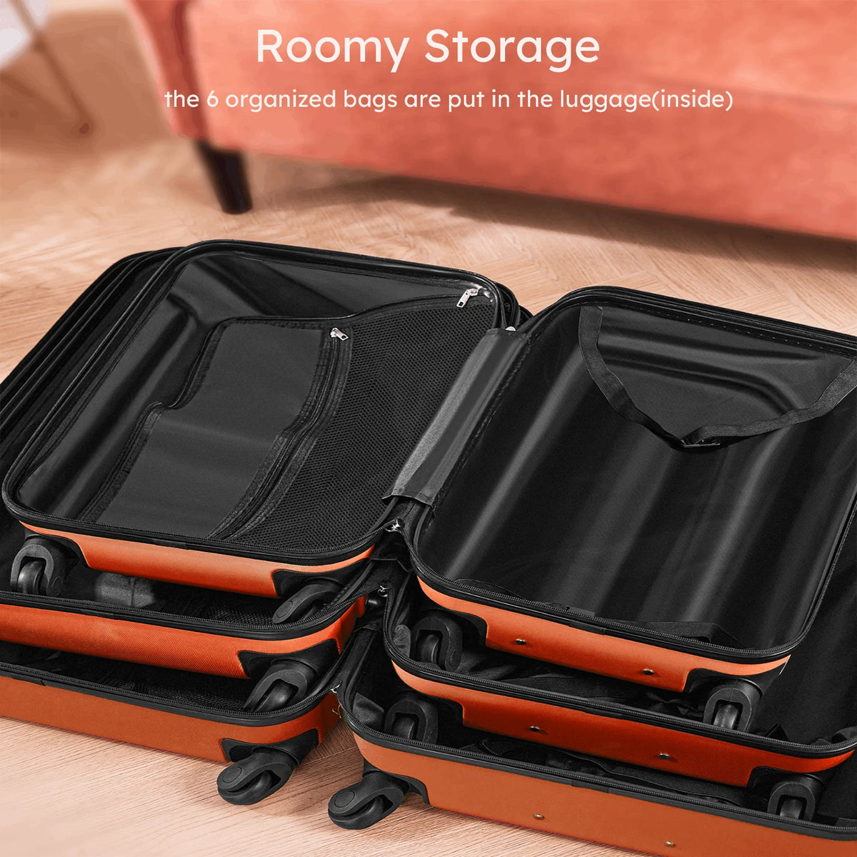 9 Piece Luggage Sets, Hard 20 24 28 inch Luggage with 6 Pieces Organize Bags Travel Suitcases Sets with Wheels, Rose
