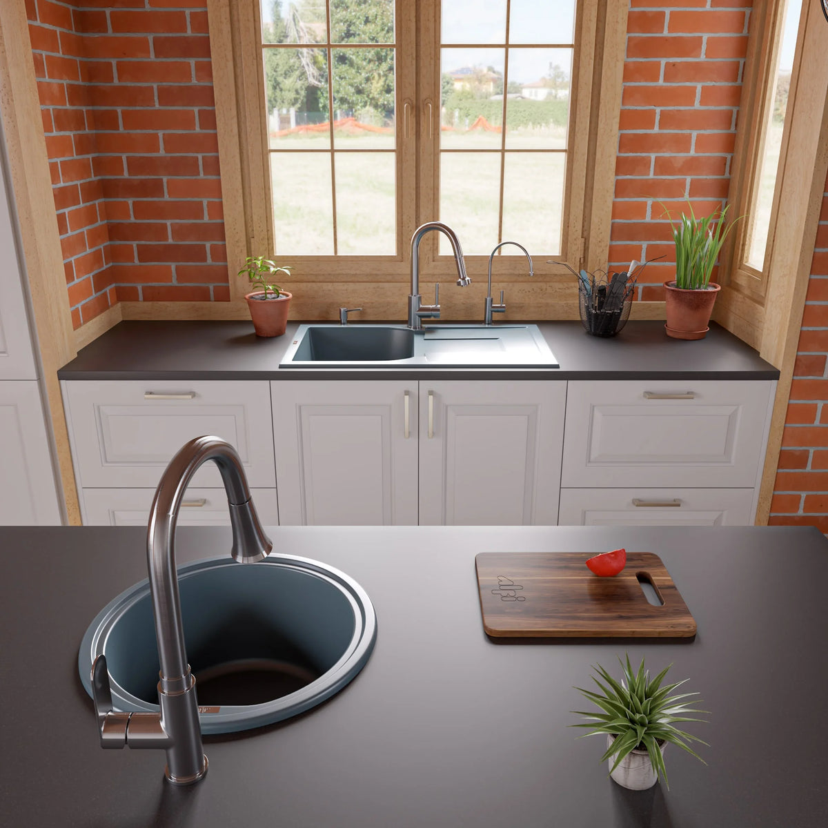 ALFI brand AB1620DI-BLA Black 34" Single Bowl Granite Composite Kitchen Sink with Drainboard