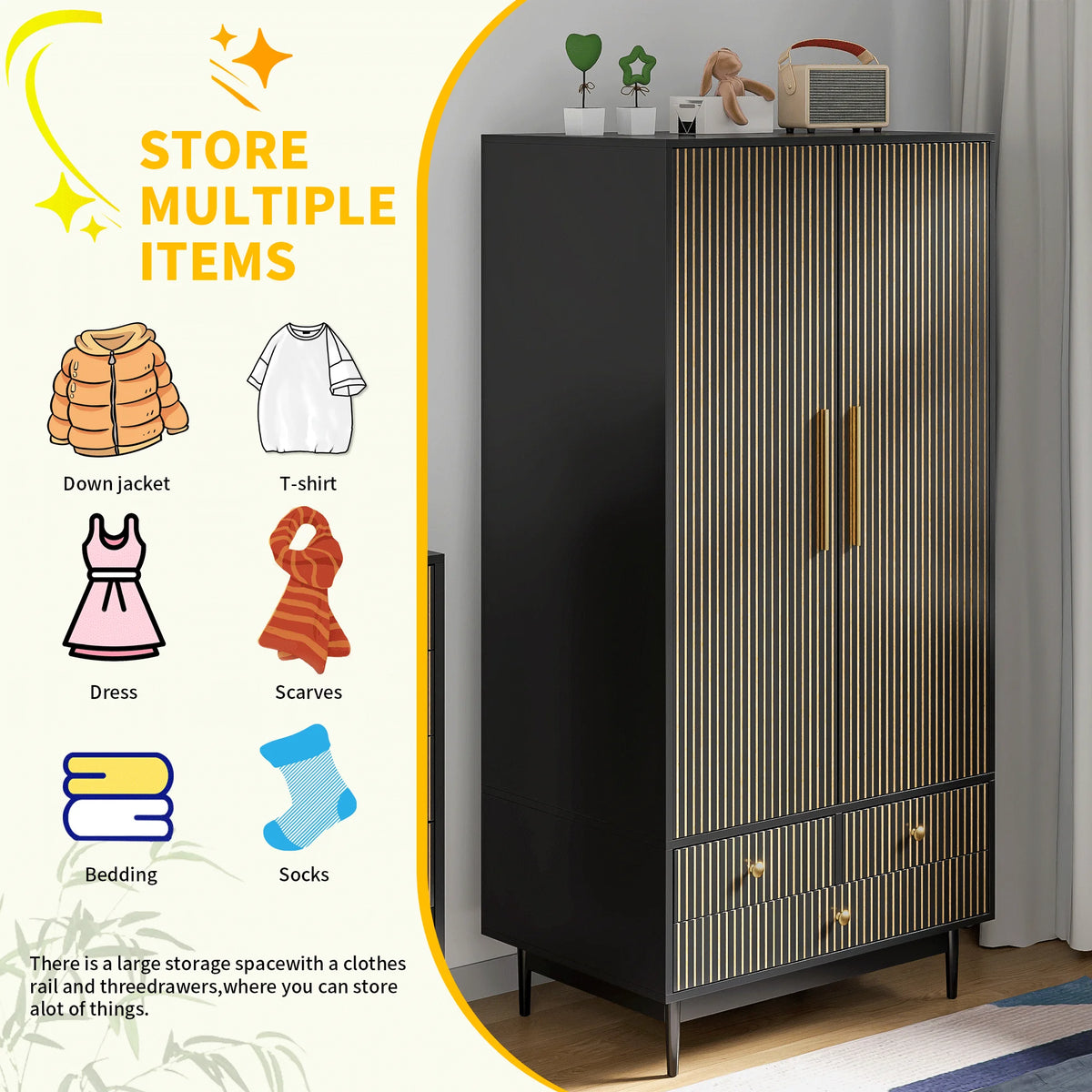 Armoire Wardrobe Closet with 2 Doors, Wardrobe Cabinet with Hanging Rod and Drawers, Wooden Closet for Bedroom, White