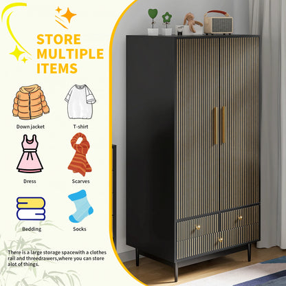 Armoire Wardrobe Closet with 2 Doors, Wardrobe Cabinet with Hanging Rod and Drawers, Wooden Closet for Bedroom, White