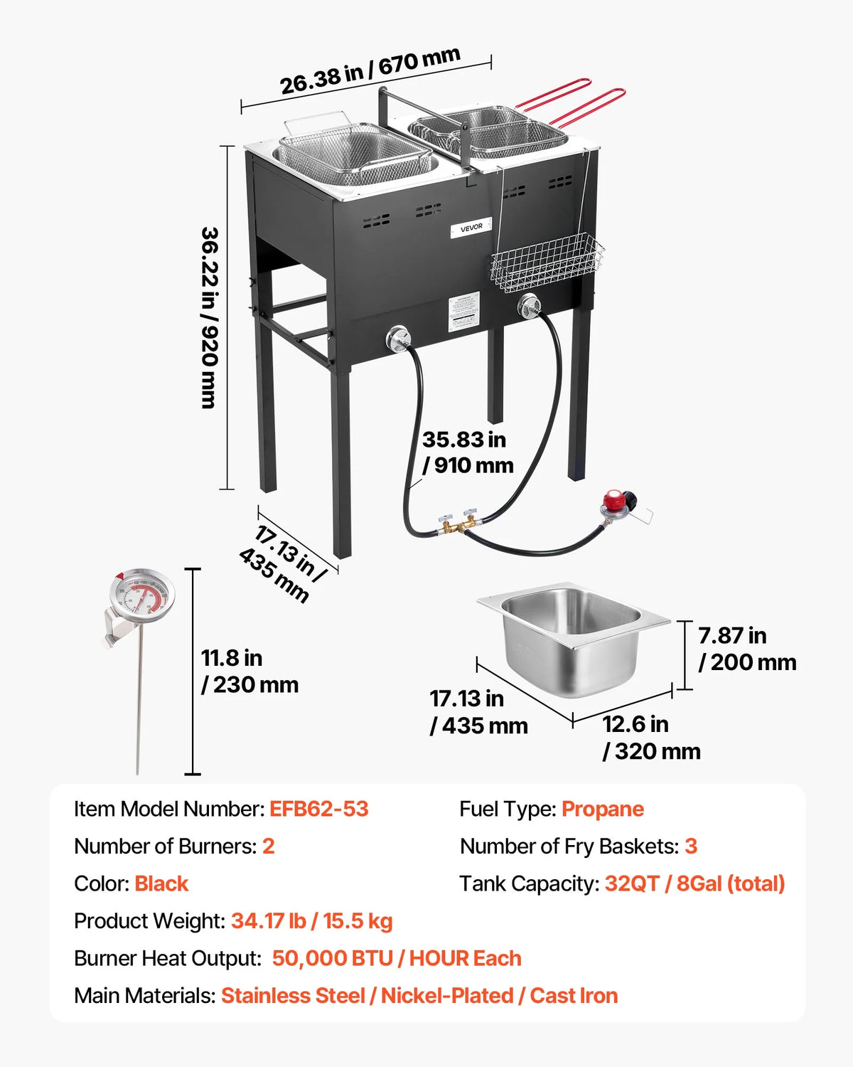 VEVOR Outdoor Propane Deep Fryer, Dual-Tank 16QTx2 Large Capacity Commercial Fryer,Stainless Steel Fish Cooker with 3 Basket,Thermometer,Floor Standing Fryers for Catering Event Camping,50,000 BTU