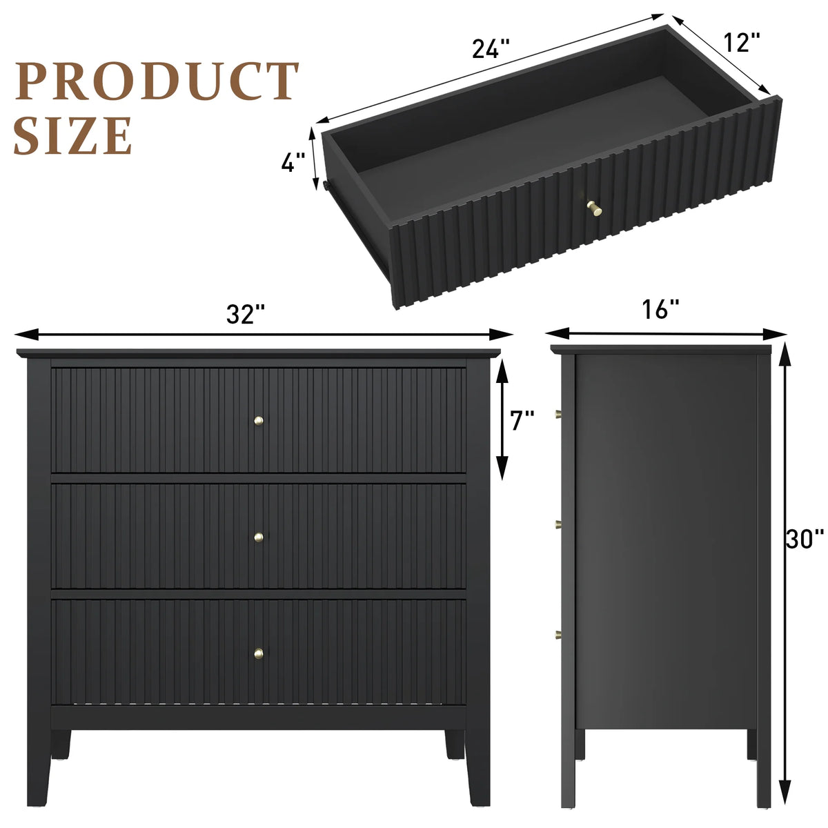 May Color Large White 3 Drawer Dresser Set of 2 with Fluted Panel, Modern Chest of Drawers with Silent Slide Drawers, Wood Accent Nightstand with Storage for Bedroom Living Room, Hallway