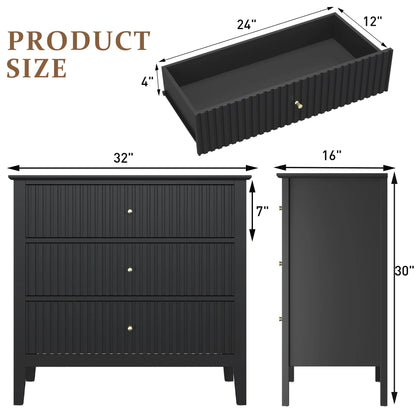 May Color Large White 3 Drawer Dresser Set of 2 with Fluted Panel, Modern Chest of Drawers with Silent Slide Drawers, Wood Accent Nightstand with Storage for Bedroom Living Room, Hallway