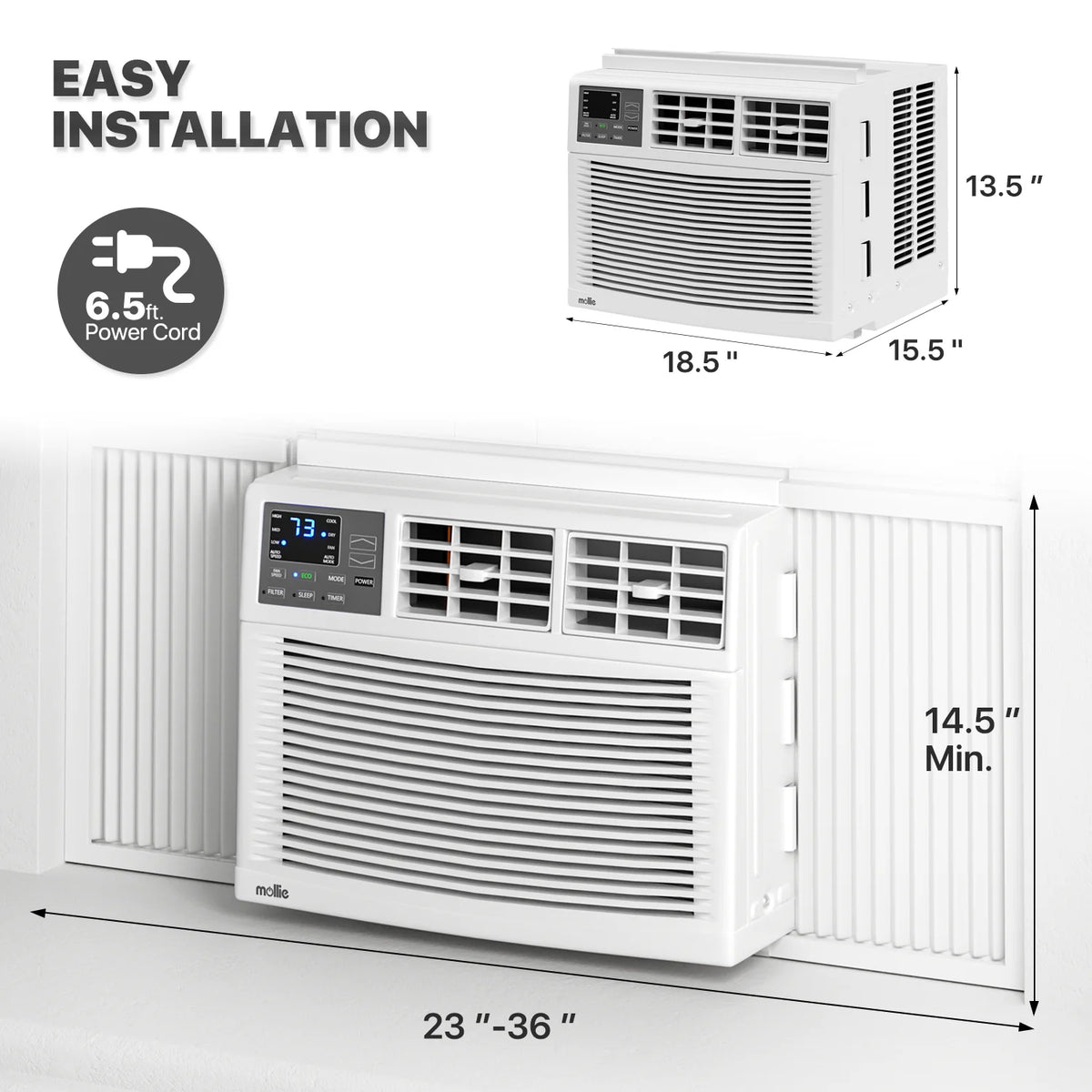 mollie 12,000 BTU 115V Window Air Conditioner, Cools Rooms up to 450 Sq.Ft., Window AC Unit with Remote Control, 24H-Timer and 3 Fan Speeds, White