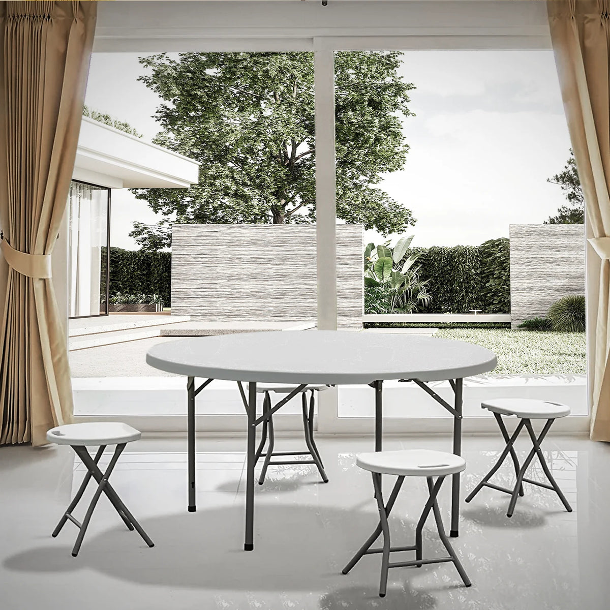 Magshion 5.5FT Round Folding Table, Heavy Duty Plastic Portable Round Table, Indoor Outdoor Foldable Dining Table with Handle, Grey
