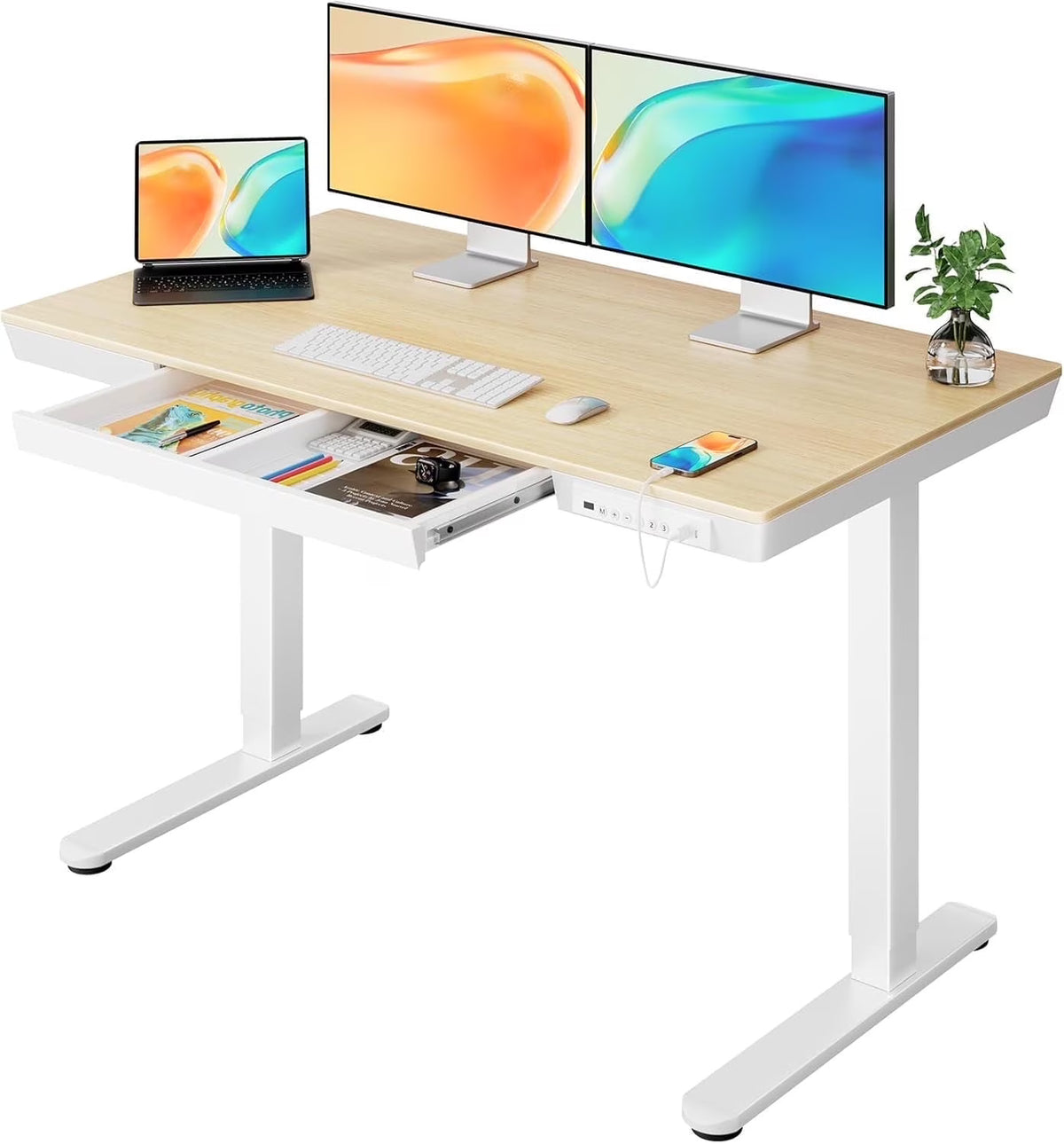 CHITOOMA Glass Top Electric Standing Desk with Drawer, 48'' x 24'' Electric Height Adjustable Desk with USB Charging Ports, Sit Stand up for Home Office