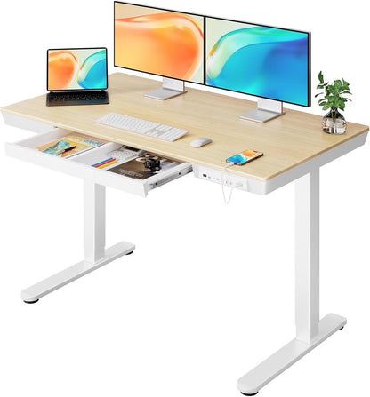 CHITOOMA Glass Top Electric Standing Desk with Drawer, 48'' x 24'' Electric Height Adjustable Desk with USB Charging Ports, Sit Stand up for Home Office