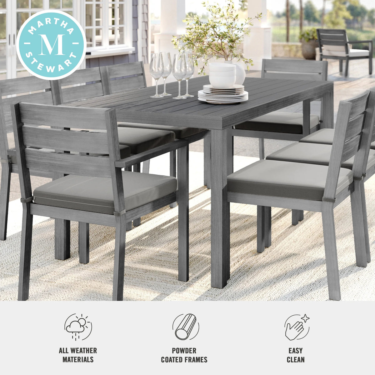Martha Stewart 71" Indoor-Outdoor Patio Table with Gray Brushed Woodgrain Aluminum Finish