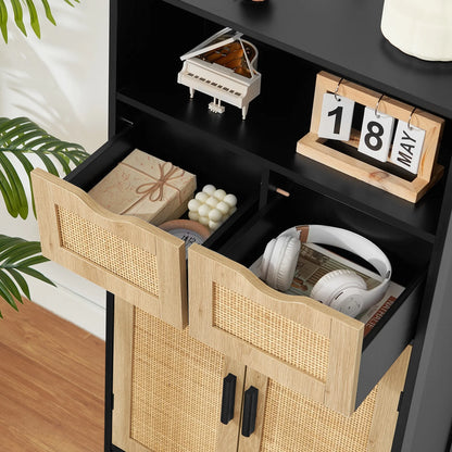 FANGSUM Rattan Storage Cabinet with 2 Drawers & 2 Shelves, Floor Cabinet for Living Room