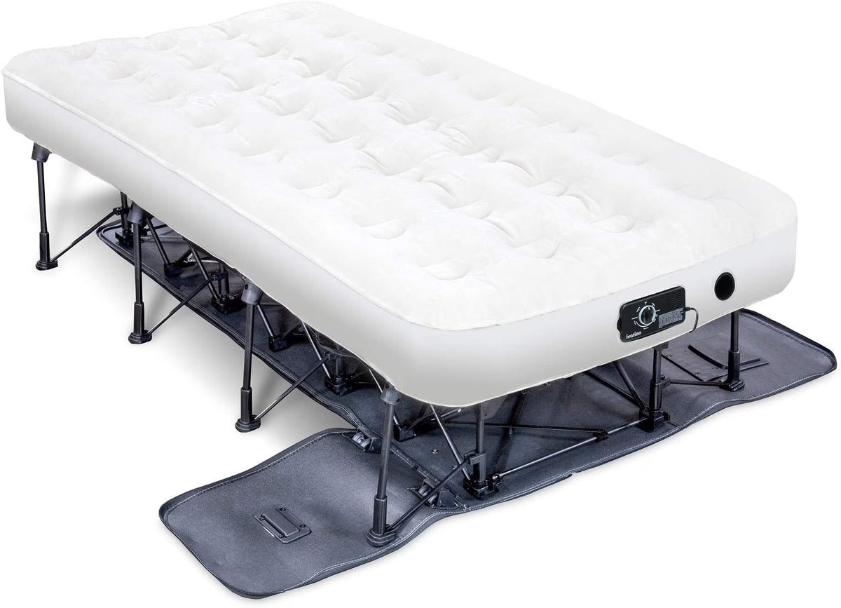 Ivation EZ-Bed (Twin) Air Mattress with Frame & Rolling Case, Self Inflatable, Blow Up Bed Auto Shut-Off, Comfortable Surface AirBed, Best for Guest, Travel, Vacation, Camping