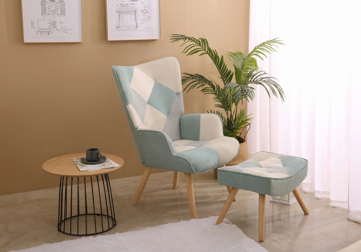 Modern Accent Chair with Solid Wood Legs and High Wing Backrest, Side Chair Set with Ottoman, Comfy Side Armchair for Living Room, Reading Room, Bedroom, Colorful Patchwork