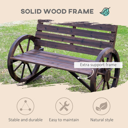 DUOSONG Outsunny 41" Wooden Wagon Wheel Bench, Rustic Outdoor Patio Weather Resistance Furniture, 2-Person Slatted Seat Bench With Backrest, Carbonized Brown Wood Garden & Outdoor Outdoor & Patio