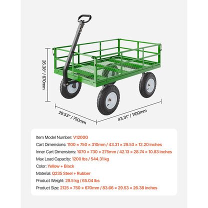 KFFKFF Mesh Steel Garden Cart 1200 Lbs, 43.3 x 29.5 " Heavy Duty Utility Wagon Cart, Pullable Metal Garden Trolley with 13' All Terrain Tires, Removable Mesh Sides, 180��Swiveling Handle (Green)