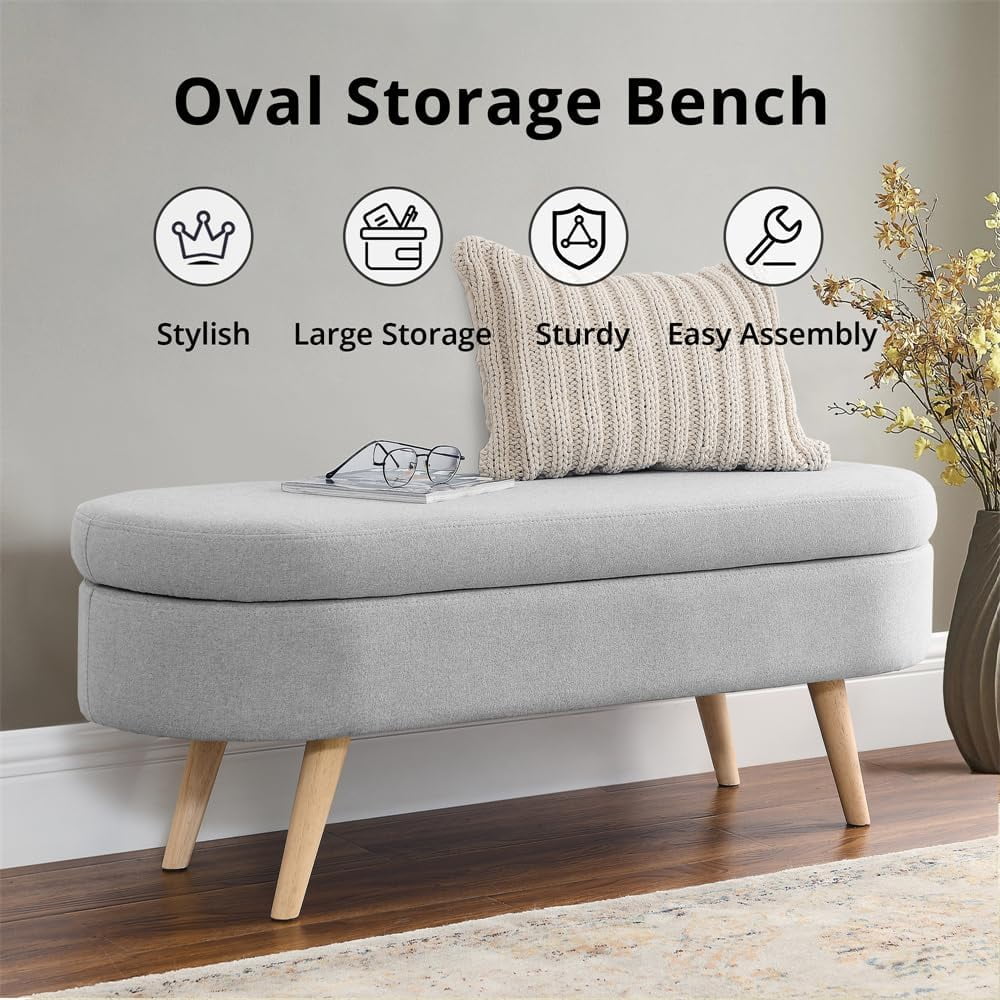Sumdeal 43.5" Storage Ottoman Bench with 250lb Seating, Linen Upholstered Wood Legs Safety Hinge Flip Top Oval Foot Rest Long Stool for Sofa Couch Bedroom End of Bed Living Room Entryway, White