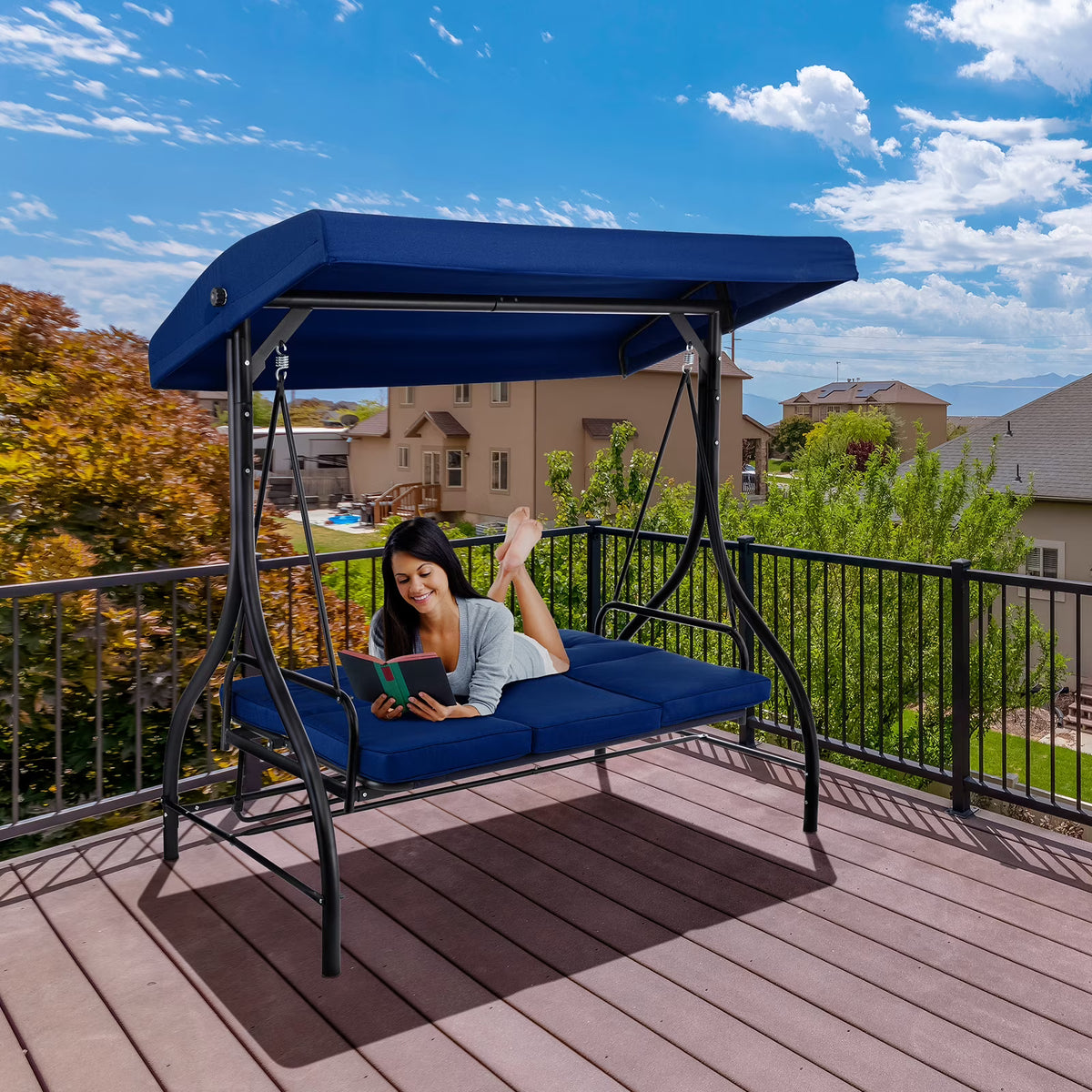 Arlopu 3 Person Porch Swing Outdoor Converting Canopy Swing Glider with Canopy