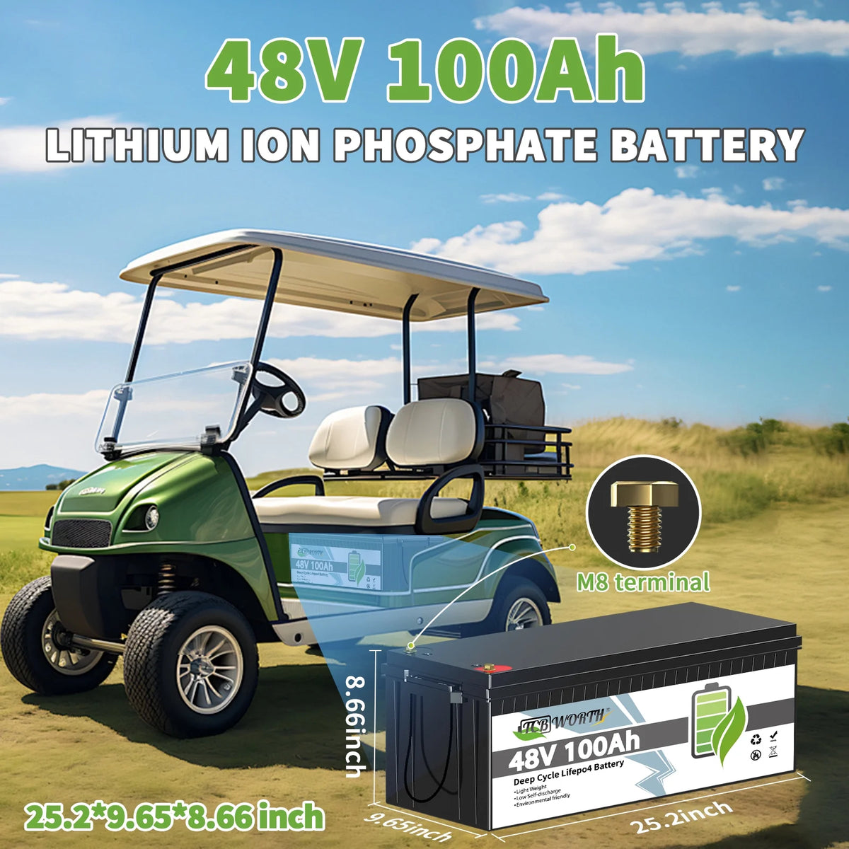 48V 100Ah LiFePO4 Lithium Battery Bluetooth,TCBWORTH Golf Carts Batteries for RV,Camping,Solar,Marine,Home Energy Storage,Built in 200A BMS,15000+Deep Cycles,2C Rate Discharging