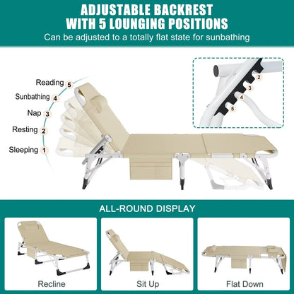 MOPHOTO Lounge Chair with Mattress, Outdoor Chaise Lounge Support 440 Lbs, Adjustable Portable Heavy Duty Sleeping Cots Bed for Camping, Pool, Beach, Patio