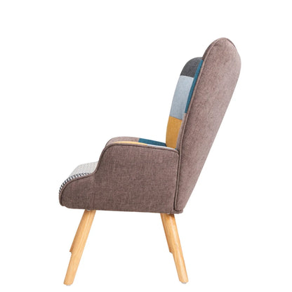 Modern Accent Chair with Solid Wood Legs and High Wing Backrest, Side Chair Set with Ottoman, Comfy Side Armchair for Living Room, Reading Room, Bedroom, Colorful Patchwork