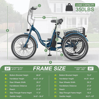 Mooncool 24" 26" 3 Wheel Electric Tricycle for Adults, 350W 36V 7 Speeds Motorized Electric Trike Three Wheel Electric Bikes Bicycle with Large Basket for Women Men